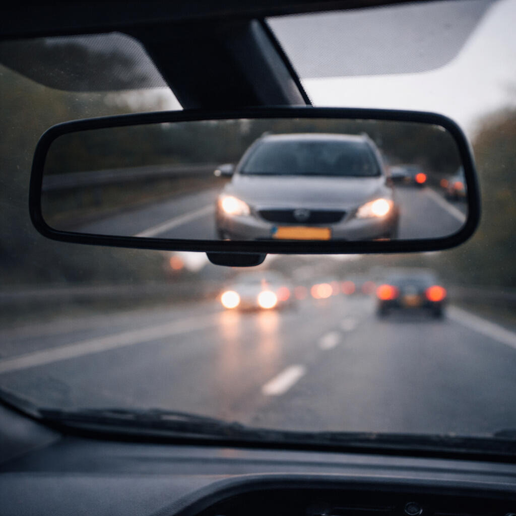 Car following too closely on a UK motorway Rear-view mirror showing a car following too closely behind on a UK motorway