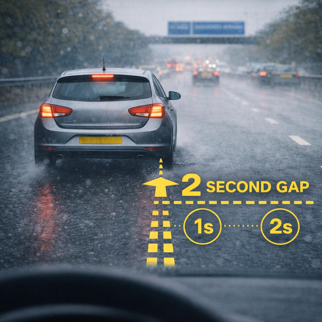 Safe following distance using the two-second rule Illustration showing a safe two-second following distance between cars on a wet UK road