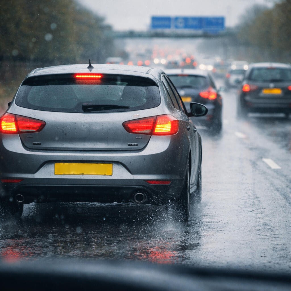 Driving in wet weather on UK roads Cars driving on a wet UK road in low visibility conditions, highlighting the need for safe following distance